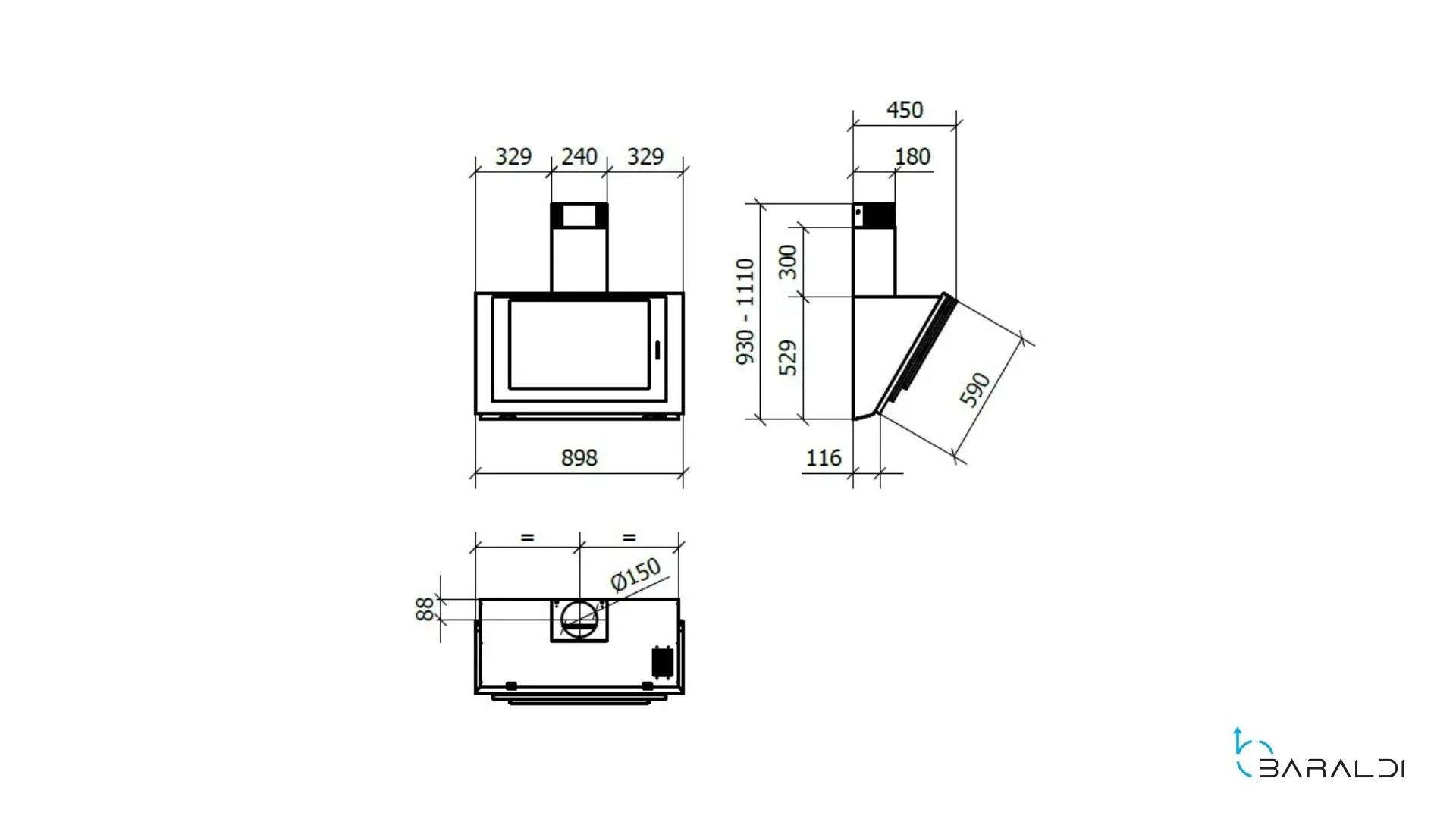 Cappa a parete DIVINA cm 90 - Inox, Nero - 800 m3/h