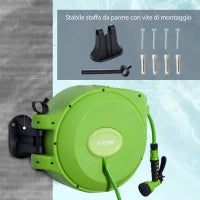 Outsunny Avvolgitubo da Giardino Retrattile con Tubo dell'Acqua 20 m, Rullo Avvolgitubo da Parete Girevole a 180°, Avvolgitubo Automatico Tubo da Giardino per Irrigazione in plastica, Verde