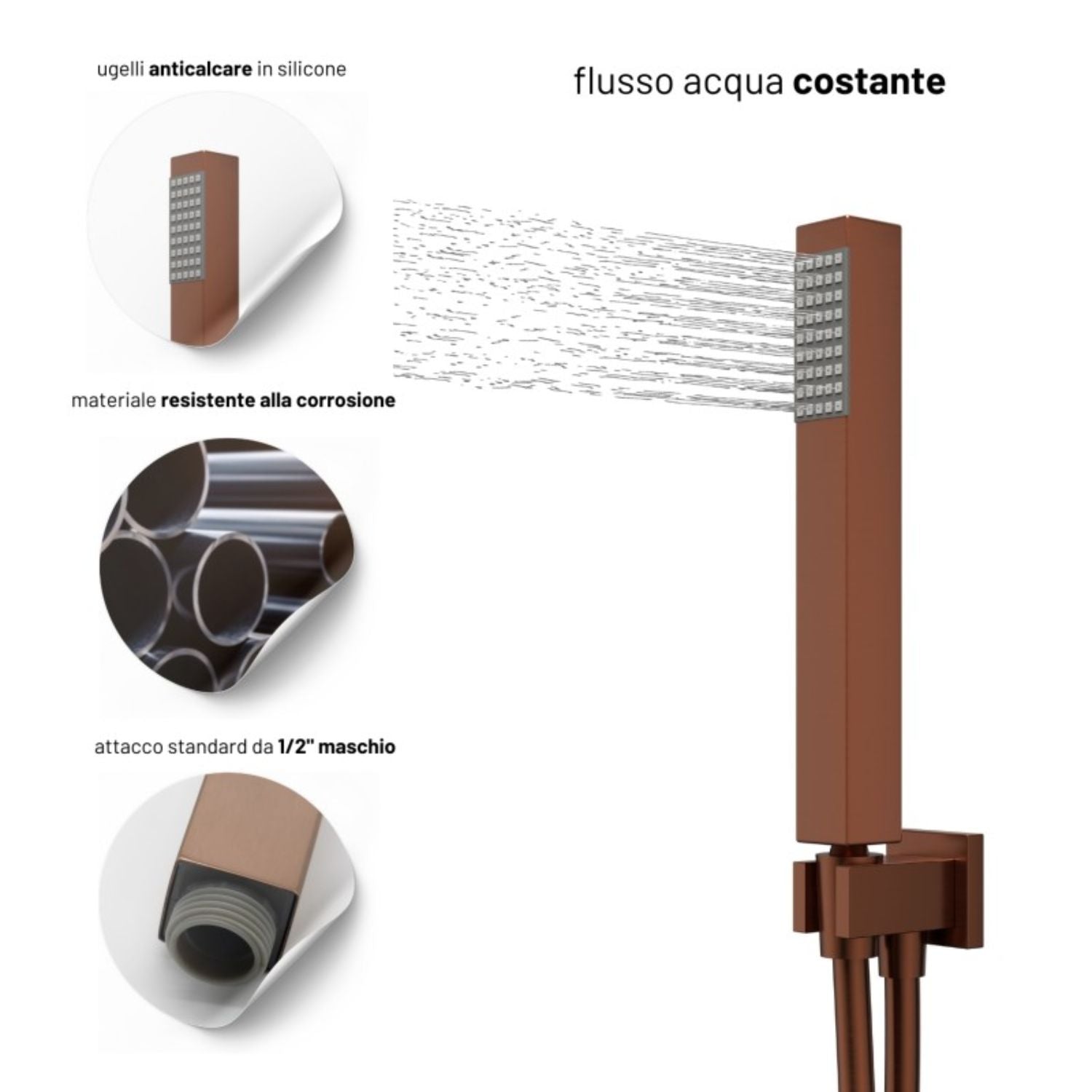 Set per doccia soffione quadro in acciaio inox 25x25 millimetri color oro rosa *** finitura- oro rosa, confezione 1