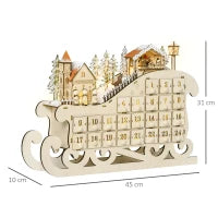 Calendario dell'Avvento in Legno a Forma di Slitta con 24 Cassetti da Riempire, Decorazioni e Luci a LED, 45x10x31cm