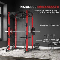 Stazione Fitness con Supporto per Bilanciere e Barra per Trazioni e Dip, in Acciaio, 191x153x205 cm, Rosso e Nero