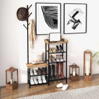 Appendiabiti da Terra a 6 Ganci in Truciolato e Acciaio con Mobile Scarpiera Portaoggetti, 92.5x28.2x182 cm