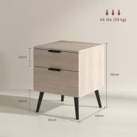 Set 2 Comodini Stile Nordico con Cassetto e Base Rialzata, in Legno, 40x40x50 cm, color Quercia