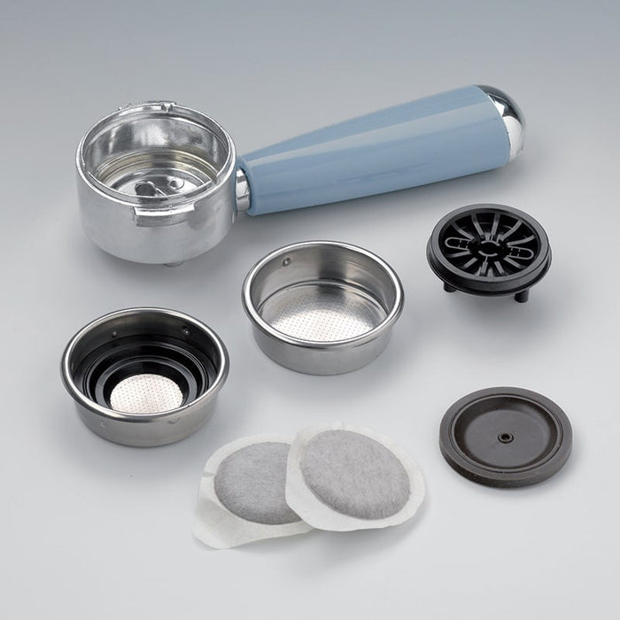 Macchina da caffè espresso - Per polvere e cialde ESE - Filtro 1 e 2 tazze - Montalatte - 850W - Celeste