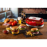 Macchina per fare hamburger 1200W, doppie piastre antiaderenti, 2 scomparti - Rosso