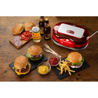 Macchina per fare hamburger 1200W, doppie piastre antiaderenti, 2 scomparti - Rosso