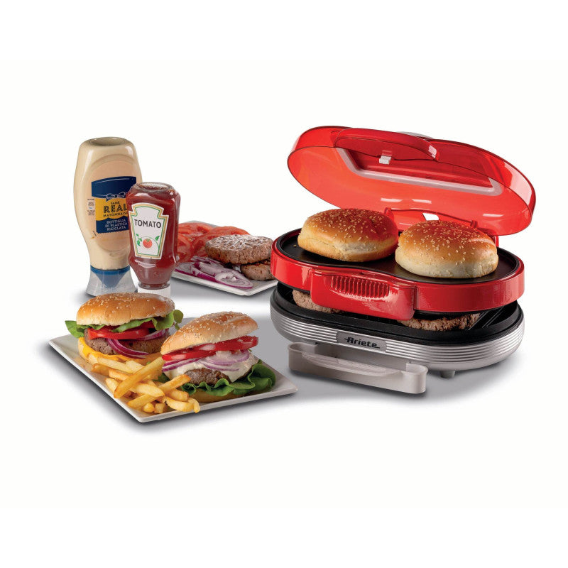 Macchina per fare hamburger 1200W, doppie piastre antiaderenti, 2 scomparti - Rosso