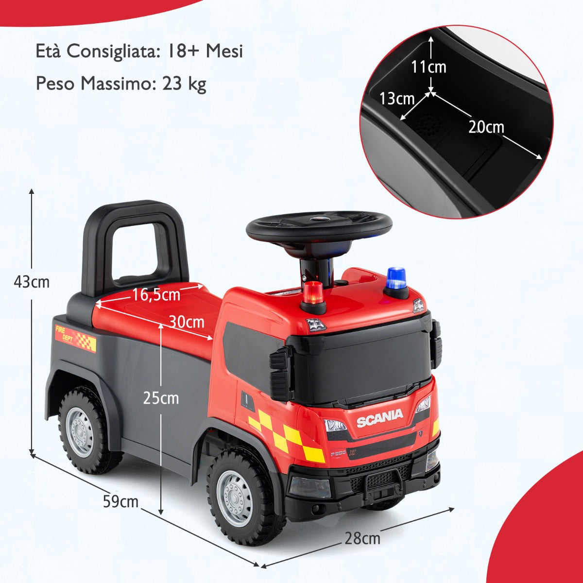 Giocattolo macchina a spinta per ufficiale scania dei pompieri con luci, Macchina cavalcabile per bambini 18 mesi Rosso-Macchinine giocattoli