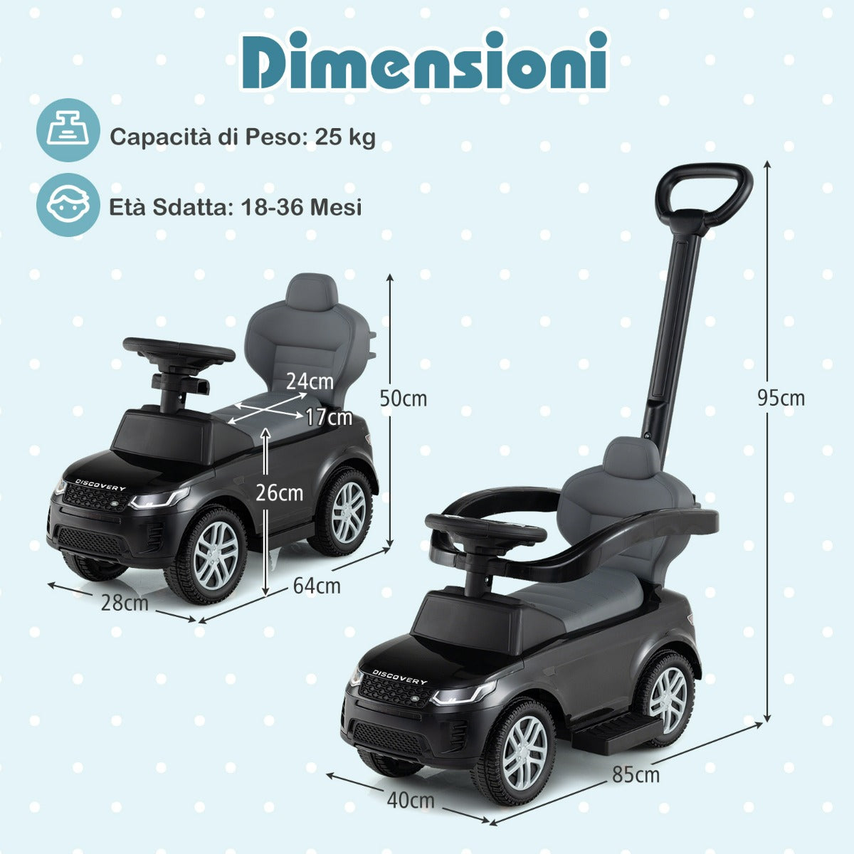 Macchina a spinta 3 in 1 per bambini con manico removibile e paracolpi, Regalo per bambini da 18 a 36 mesi Nero-Macchinine giocattoli