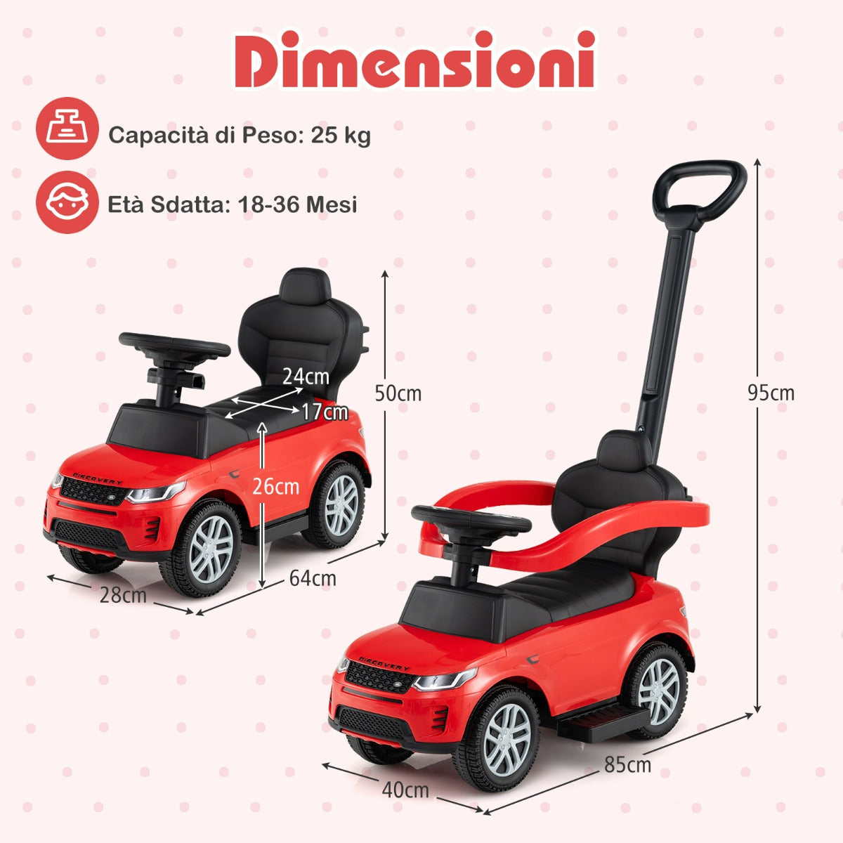 Macchina a spinta 3 in 1 per bambini con manico removibile e paracolpi, Regalo per bambini da 18 a 36 mesi Rosso-Macchinine giocattoli