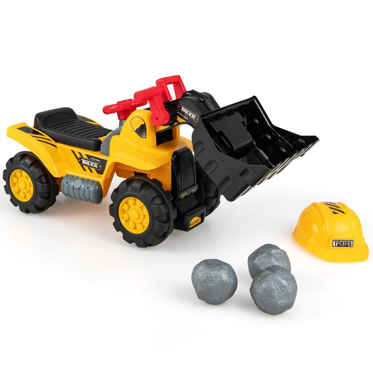 Macchina bulldozer a pedali per bambini, Camion giocattolo con secchio regolabile clacson casco e 3 pietre giocattolo-Macchinine giocattoli