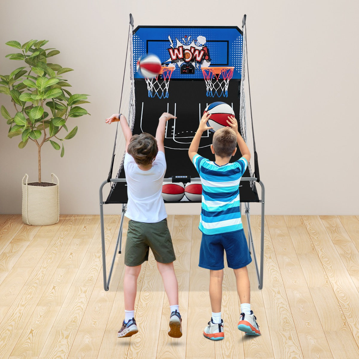 Gioco arcade di pallacanestro a doppio tiro pieghevole, Macchina da pallacanestro con punteggio elettronico Blu-Giocattoli sportivi