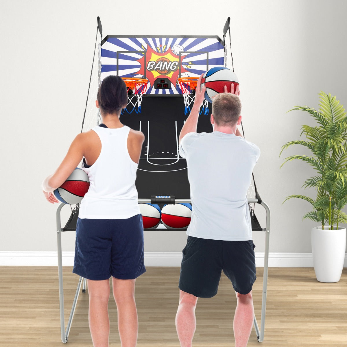 Gioco arcade di pallacanestro a doppio tiro pieghevole, Macchina da pallacanestro con punteggio elettronico Colorato1-Giocattoli sportivi