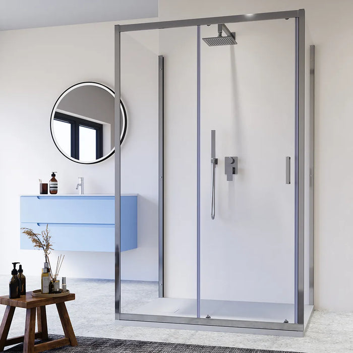 Box doccia cromato 3 lati 90x110x90cm con porta scorrevole e doppia parete fissa vetro 6mm trasparente h185cm | Madagascar