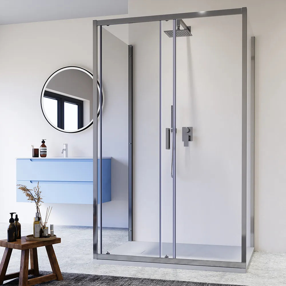 Box doccia cromato 3 lati 90x125x90cm con porta scorrevole e doppia parete fissa vetro 6mm trasparente h185cm | Madagascar