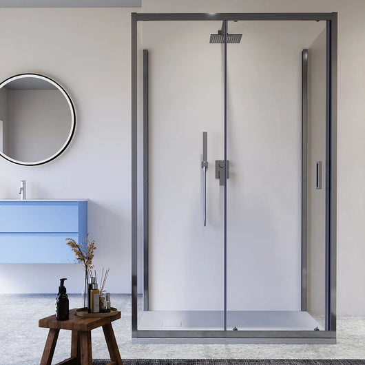 Box doccia cromato 3 lati 90x135x90cm con porta scorrevole e doppia parete fissa vetro 6mm trasparente h185cm | Madagascar