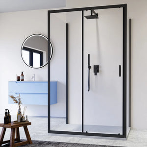 Box doccia nero opaco 3 lati 80x115x80cm con porta scorrevole e doppia parete fissa vetro 6mm trasparente h185cm | Madagascar