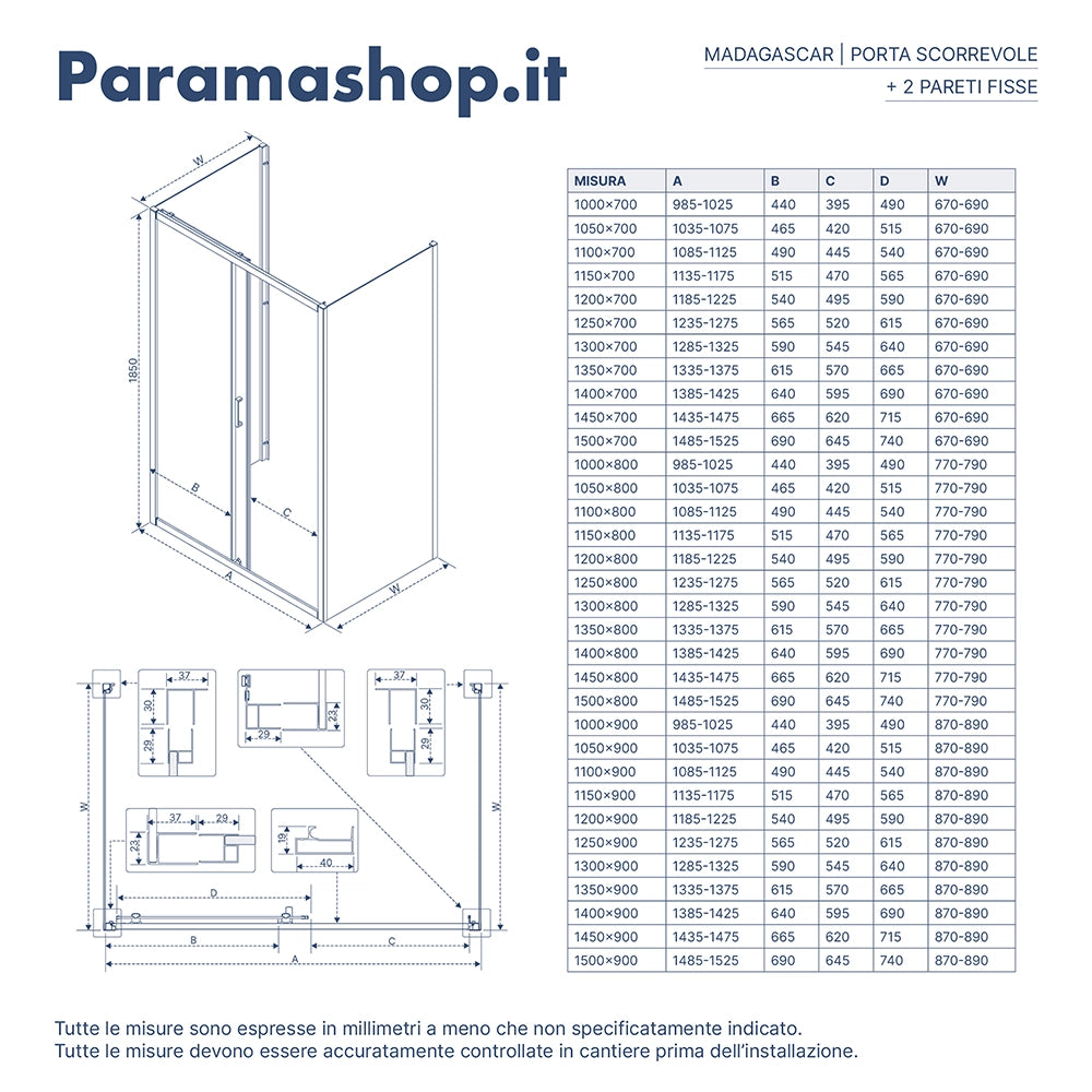 Box doccia nero opaco 3 lati 70x120x70cm con porta scorrevole e doppia parete fissa vetro 6mm trasparente h185cm | Madagascar