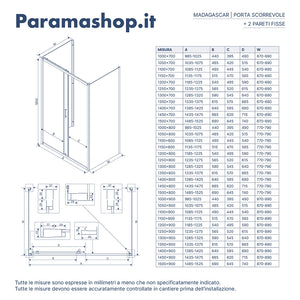Box doccia nero opaco 3 lati 70x100x70cm con porta scorrevole e doppia parete fissa vetro 6mm trasparente h185cm | Madagascar
