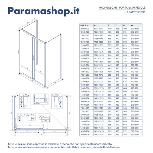 Box doccia nero opaco 3 lati 80x115x80cm con porta scorrevole e doppia parete fissa vetro 6mm trasparente h185cm | Madagascar