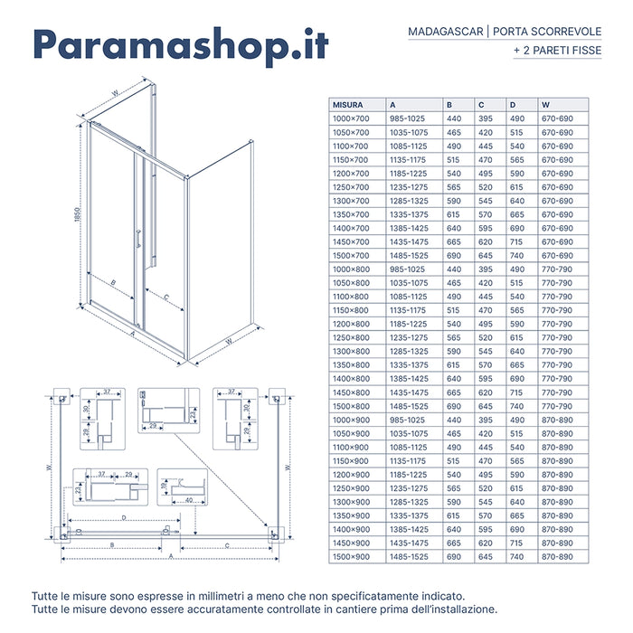 Box doccia nero opaco 3 lati 80x115x80cm con porta scorrevole e doppia parete fissa vetro 6mm trasparente h185cm | Madagascar