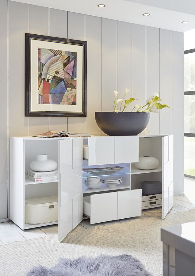 Credenza Moderna, Madia di Design, 2 ante e 2 cassetti, Bianco Lucido, ZLCMS-MD2A2CBI