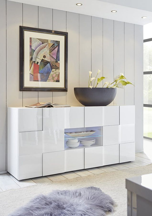 Credenza Moderna, Madia di Design, 2 ante e 2 cassetti, Bianco Lucido, ZLCMS-MD2A2CBI