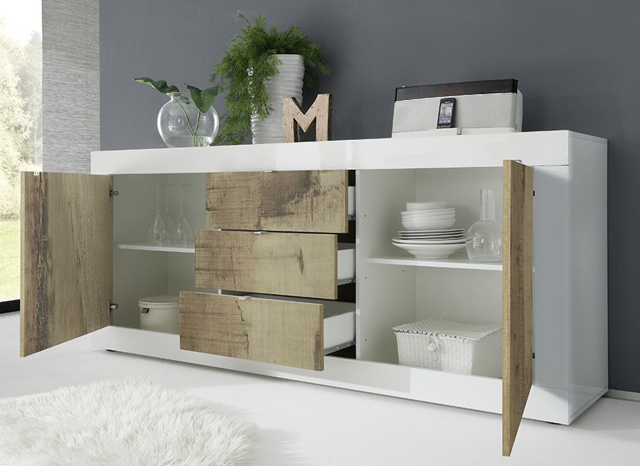 Credenza Moderna, Madia Bianca Lucida con 2 ante e 3 cassetti in finitura Pero ZLCBSC-MDM-BP23