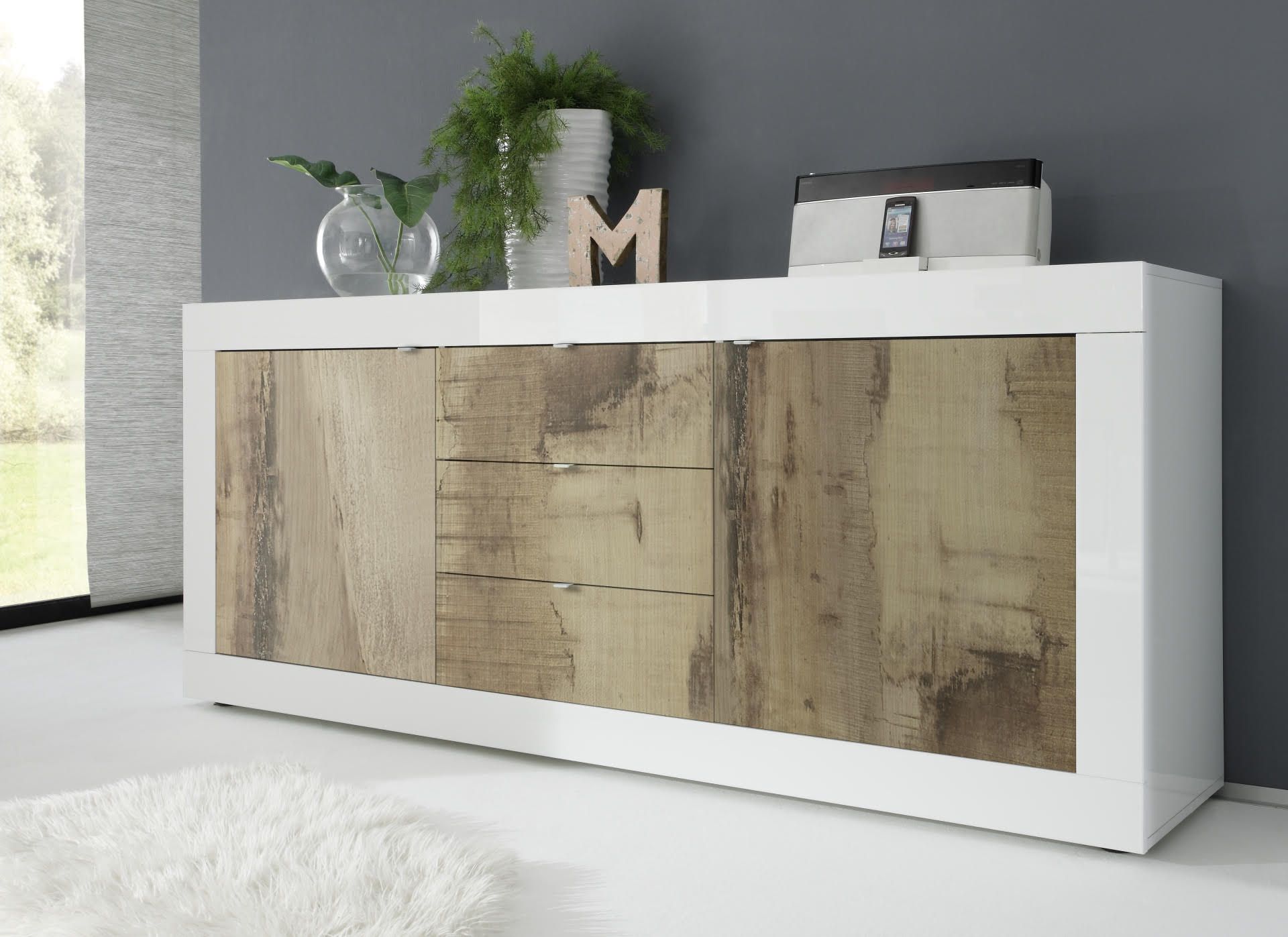 Credenza Moderna, Madia Bianca Lucida con 2 ante e 3 cassetti in finitura Pero ZLCBSC-MDM-BP23