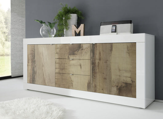 Credenza Moderna, Madia Bianca Lucida con 2 ante e 3 cassetti in finitura Pero ZLCBSC-MDM-BP23