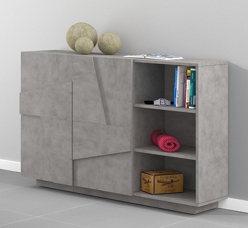 Madia con 2 ripiani e 2 ante con disegni geometrici in finitura Beton, ZTCA58537264