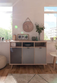 Madia Rosvik con 3 vani e 2 cassetti Grigio Seta, Grigio Perla e Antracite, ZFREK51