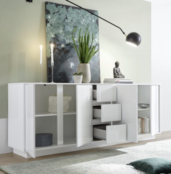 Madia moderna con 4 ante e 3 cassetti in finitura bianco lucido ZLCICEMAD3C4A