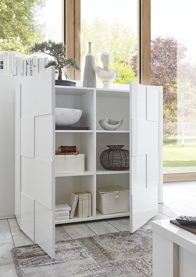 Credenza Moderna, Madia di Design, 2 ante Alta, Bianco Lucido, ZLCMS-MD2ABI
