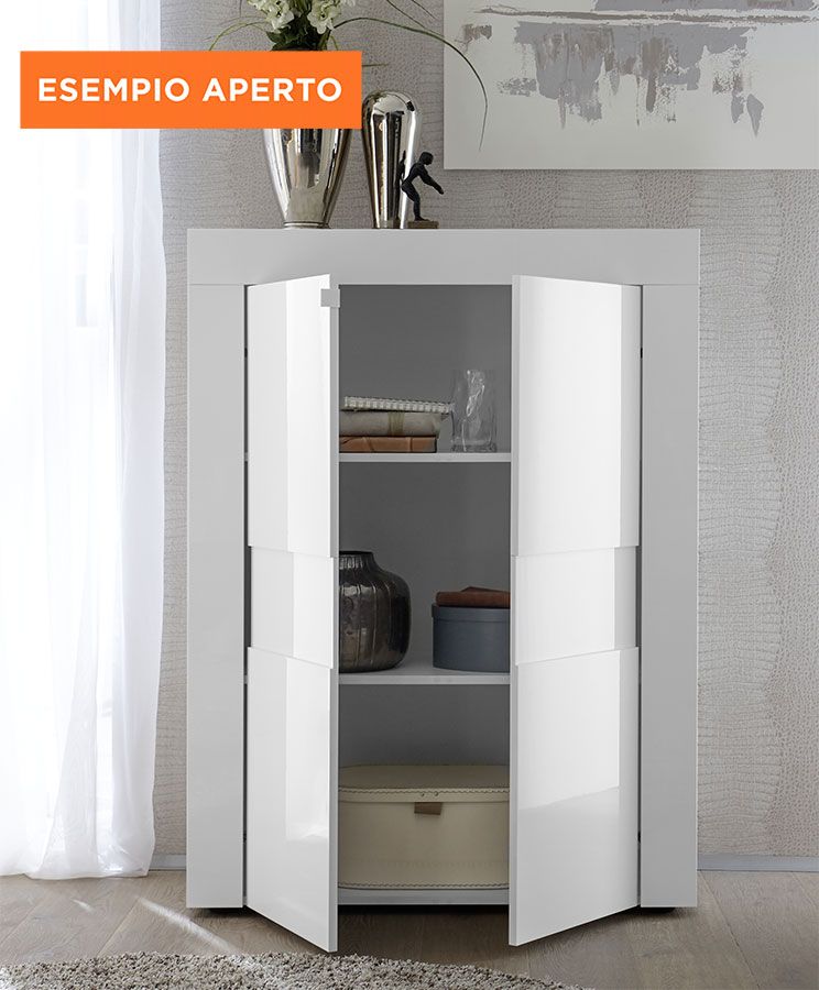 Credenze Moderna 2 ante Alta Bianco Lucido e Beton, ZLCEAY-MD2ABE