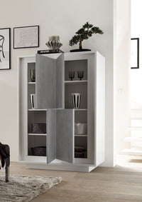 Credenza Moderna, Madia di Design, 4 ante Alta, Bianco opaco con frontali Beton, ZLCSKY-MBBE