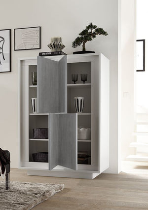 Credenza Moderna, Madia di Design, 4 ante Alta, Bianco opaco con frontali Beton, ZLCSKY-MBBE