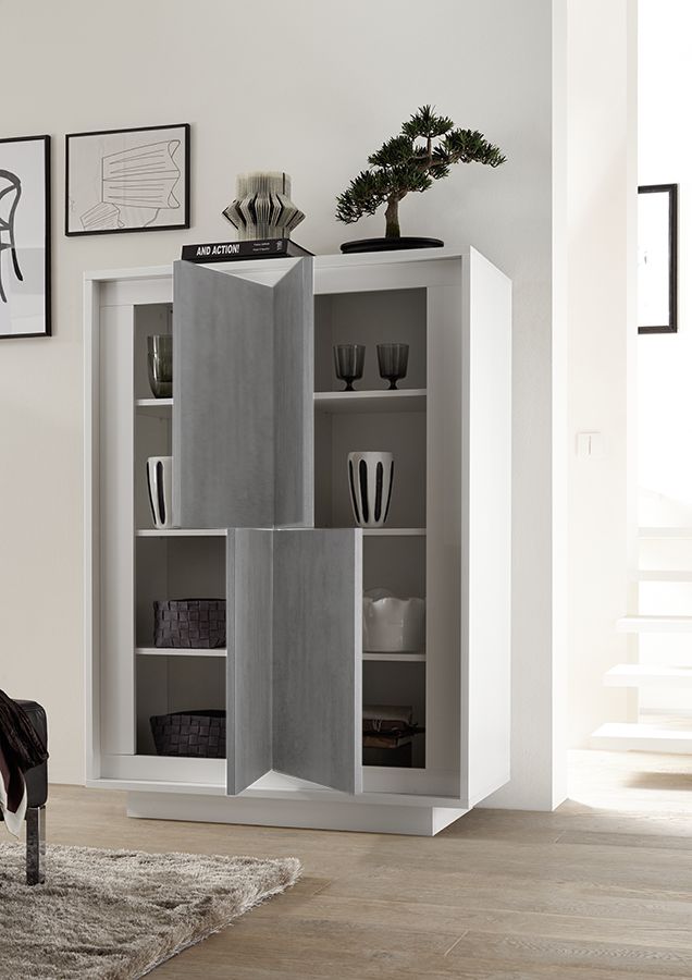 Credenza Moderna, Madia di Design, 4 ante Alta, Bianco opaco con frontali Beton, ZLCSKY-MBBE