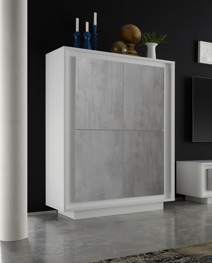 Credenza Moderna, Madia di Design, 4 ante Alta, Bianco opaco con frontali Beton, ZLCSKY-MBBE