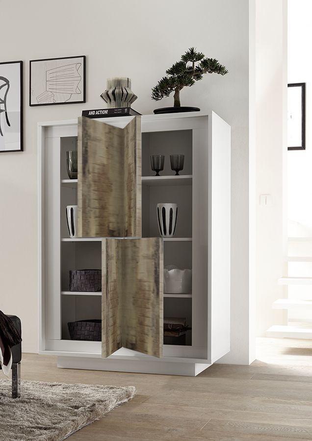 Credenza Moderna, Madia di Design, 4 ante Alta, Bianco Opaco con frontali Pero, ZLCSKY-MBP