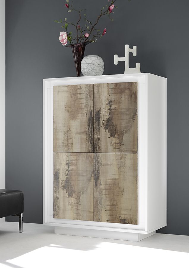 Credenza Moderna, Madia di Design, 4 ante Alta, Bianco Opaco con frontali Pero, ZLCSKY-MBP