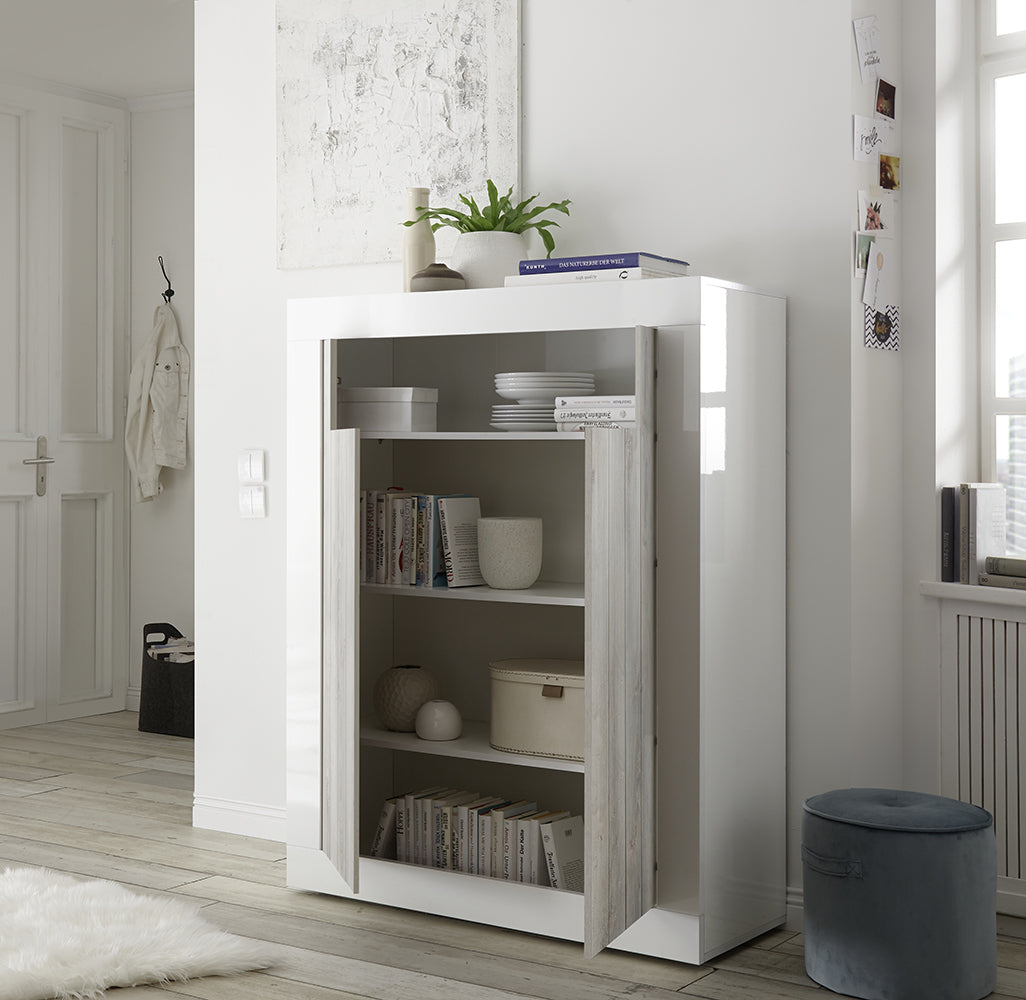 Madia alta moderna, 2 ante, finitura Bianco Lucido e Pino Bianco ZLCURBMAD4