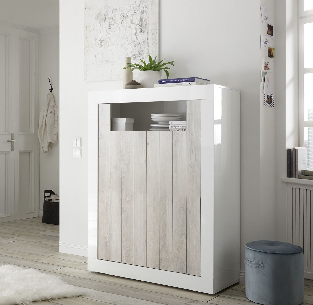 Madia alta moderna, 2 ante, finitura Bianco Lucido e Pino Bianco ZLCURBMAD4