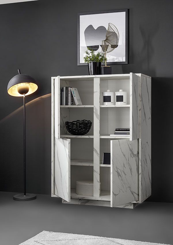 Madia alta moderna, 4 ante in finitura effetto Marmo Bianco di Carrara ZLCMARCAR1