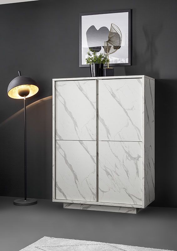 Madia alta moderna, 4 ante in finitura effetto Marmo Bianco di Carrara ZLCMARCAR1