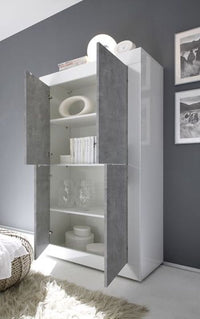 Credenza Moderna, 4 ante Alta Bianco Lucido e Cemento, ZLCBSC-MA-BC