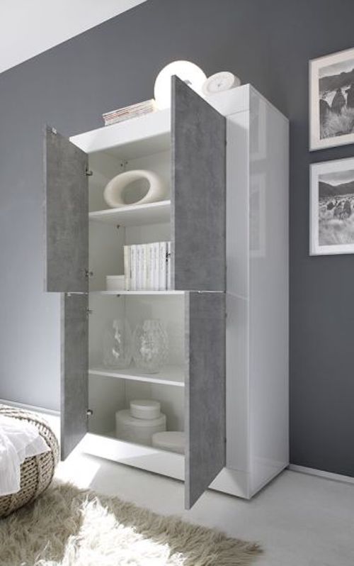Credenza Moderna, 4 ante Alta Bianco Lucido e Cemento, ZLCBSC-MA-BC