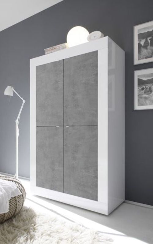 Credenza Moderna, 4 ante Alta Bianco Lucido e Cemento, ZLCBSC-MA-BC