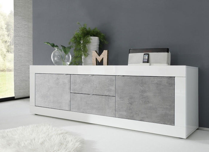 Madia bassa, Bianca Lucida e Cemento con 2 ante e 2 cassetti, ZLCBSC-MDM-BC222