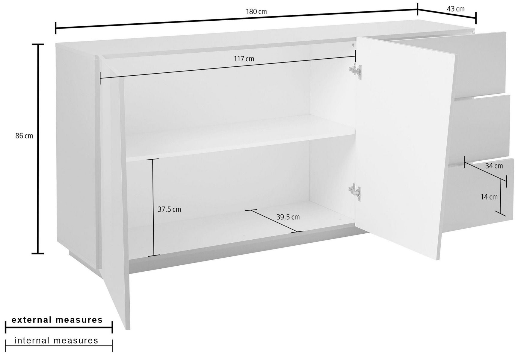 Madia credenza 2 ante 3 cassetti bianco lucido, ZTCVG94683902